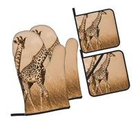Two Giraffe Running on The Barren Printed Oven Mitts and Pot Holders Heat Resistant Set of 4 Pcs, Modern Kitchen Gloves & Potholders for Cooking Baking Grilling