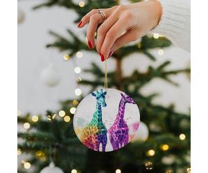 Two Giraffes Ceramic Christmas Ornaments - 2.8 Inch Round Double-Sided Xmas Tree Decorations with Gold Ribbon for Home Holiday Decor, Gift for Family & Friends