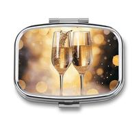 Two Glasses of Champagne Pill Box 2 Compartment Portable Pill Case Daily Square Pill Organizer for Pocket Purse Daily Medicine Container to Hold Vitamins Fish Oil Travel Gifts