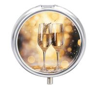 Two Glasses of Champagne Pill Case 3 Compartment Portable Pill Box Daily Round Pill Organizer for Pocket Purse Daily Medicine Container to Hold Vitamins Fish Oil Travel Gifts