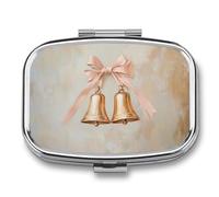 Two Gold Bells Hanging with Pink Long Bow Pill Box 2 Compartment Portable Medicine Pill Case Travel Pill Organizer for Pocket Purse