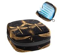 Two Gold Dragonflies with Sparkling Wings on Black Background Sanitary Napkin Storage Bag, Large Menstrual Cup Pouch with Zipper, Period Pads Bag Store Panty Liners Tampons for Girls Women