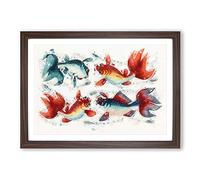 Two Gold & Silver Fish Framed Print | A2 Walnut Framed Wall Art | Ready to Hang | Modern Animal Picture | Living Room Bedroom Lounge Office