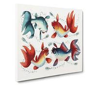 Two Gold & Silver Fish Vintage Canvas Wall Art Print Ready to Hang, Framed Picture for Living Room Bedroom Home Office Décor, 20x20 Inch (50x50 cm)