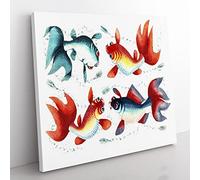 Two Gold & Silver Fish Vintage Canvas Wall Art Print Ready to Hang, Framed Picture for Living Room Bedroom Home Office Décor, 35x35 cm (14x14 Inch)