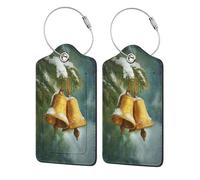 Two Golden Bells Snowy Evergreen Tree Luggage Tag for Suitcase 2 Pack Leather Luggage Tag with Privacy Flap Name Id Label and Metal Loop for Women Men Travel