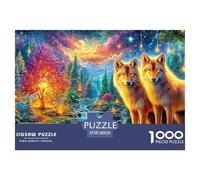 Two Golden Wolves by River, Glowing Trees, Mountain 1000-Piece Jigsaw Puzzle Enchanted Spirit Wolf - Educational Toy for Kids & Adults 38x26cm/1000pcs