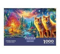 Two Golden Wolves by River, Glowing Trees, Mountain 1000 Piece Jigsaw Puzzle Enchanted Spirit Wolf - Recycled Cardboard, Challenging Puzzle for Adults 70x50cm/1000pcs
