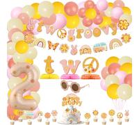 Two Groovy Party Decorations, include Two Groovy Banner, Retro Hippie Groovy Bus Rainbow Daisy Flowers Banner, TWO Honeycomb Centerpiece, Cake Toppers, Balloons for Girls 2nd Birthday Party Supplies