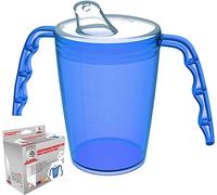 Two handled adult drinking cup 220 ml Blue with spouted lid small opening plastic mug for enhanced ergonomics, mug for secure grip even with shaky hands drinking aid, cup for the care, feeding cup