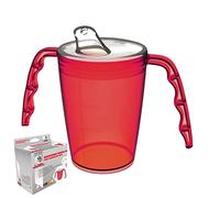 Two handled adult drinking cup 220 ml Red with spouted lid small opening plastic mug for enhanced ergonomics, mug for secure grip even with shaky hands drinking aid, cup for the care, feeding cup