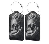 Two Hands Holding A Skull Luggage Tag for Suitcase 2 Pack Leather Luggage Tag with Privacy Flap Name Id Label and Metal Loop for Women Men Travel