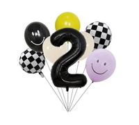 Two Happy Dude 2nd Birthday Balloons Decorations - 40 Inch Black Number 2 Foil Balloon, Retro Checkerboard & Smiley Face Balloon Bouquet for Boys Second Birthday Party Supplies, Groovy Two Fast Decor