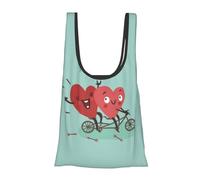 Two Hearts Fall in Love On Bicycle Print Reusable, Foldable,Washable Grocery Bags Foldable in A Pouch Eco Tote Shopping Bag,Daily Shopping Loading