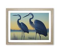 Two Heron Birds Framed Wall Art Print A2 Oak | Ready to Hang, Premium Gi Paper, Fade-Resistant Inks, Securely Packaged, UK Made