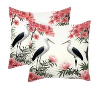 Two Herones under Blossom Penoy 2 Pack Square Throw Pillow Covers Decorative Soft Velvet Pillowcase for Couch Sofa Bed Car Living Room, 40x40cm