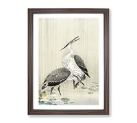 Two Herons In The Rain By Ohara Koson Asian Japanese Framed Print | A2 Walnut Framed Wall Art | Ready to Hang | Asian Animal Picture | Living Room Bedroom Lounge Office