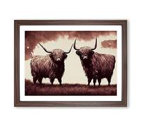 Two Highland Cows Vol.4 BLK Framed Print | A4 Walnut Framed Wall Art | Ready to Hang | Modern Animal Picture | Living Room Bedroom Lounge Office