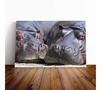 Two Hippos Hippopotamus Canvas Print | Gallery Wrapped 30mm Frame Wall Art | 24x16 inches | Ready to Hang | Modern Animal Picture | Living Room Bedroom Lounge Office