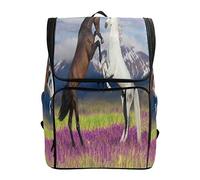 Two Horse Rearing School Backpack Waterproof Shoulder Bag Gym Backpack, Purple Flower Animal Laptop Bag Outdoor Travel Bag for Women Men