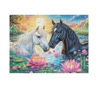 Two Horses Among Lotus Blossoms 500 Piece Complete Jigsaw Puzzle Set Teens Beginners Educational Challenge Puzzle Fans Group Play Anniversary Cardboard 500 PCS