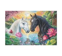 Two Horses Among Lotus Flowers 1000 Piece Complete Jigsaw Puzzle Set Teens Beginners Educational Challenge Puzzle Fans Group Play Anniversary Creativity & Gift Giving 1000 PCS