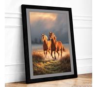 Two Horses at Golden Hour Rustic Framed Wall Art Print A4 (29.7×21cm) Black, Wall Decor for Living Room, Bedroom, Office & Home, Ready to Hang, Art Gift