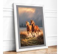 Two Horses at Golden Hour Rustic Framed Wall Art Print A4 (29.7×21cm) White, Wall Decor for Living Room, Bedroom, Office & Home, Ready to Hang, Art Gift