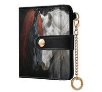 Two Horses Black Pattern Small Women Wallet RFID Blocking Bifold PU Leather Compact Card Holder with Zipper Coin Pocket Purse for Ladies Girls Women