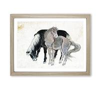 Two Horses By Katsushika Hokusai Asian Japanese Framed Print | A4 Oak Framed Wall Art | Ready to Hang | Asian Animal Picture | Living Room Bedroom Lounge Office
