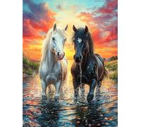 Two Horses in A Lake at Sunset 500 Pieces Classic Jigsaw Puzzle Science Fiction Magical Dream Puzzle for Adults Concentration Training Wall Art Mental Exercise Halloween Premium Cardboard 500 PCS