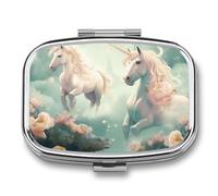 Two Horses in Heaven Pill Box 2 Compartments Portable Travel Pill Box with Square Metal Mirror Medicine Storage Medicine Box for Vitamins