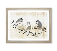 Two Horses Playing By Kano Tan'yu Asian Japanese Framed Print | A3 Oak Framed Wall Art | Ready to Hang | Asian Animal Picture | Living Room Bedroom Lounge Office
