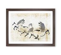 Two Horses Playing By Kano Tan'yu Asian Japanese Framed Print | A3 Walnut Framed Wall Art | Ready to Hang | Asian Animal Picture | Living Room Bedroom Lounge Office