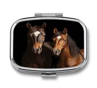 Two Horses Standing on Black Backgro Pill Box 2 Compartment Small Square Pills Case Portable for Pocket Pill Organizer Travel Metal Pill Holder for Office Home Vitamin Medicine Fish Oil