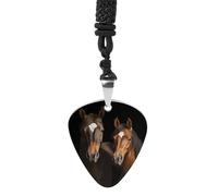 Two Horses Standing on Black Background Guitar Pick Holder Necklace for Women, Personalized Bass Pick Pendant for Men, Rock Music Picks Necklace with Chain for Party, Music Inspired Gift