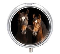 Two Horses Standing on Black Background Pill Box with 3 Compartments Round Portable Pill Organizer Compact Small Pill Case for Pocket Purse Mini Metal Pill Container Cute Vitamin Holder for Pills Supp