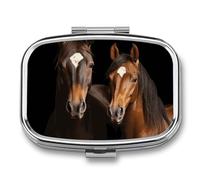 Two Horses Standing on Black Background Travel Pill Organizer A Daily Pill Box for Supplements 2 Compartment Pill Case Convenient for Carrying and Storing Medicines Box