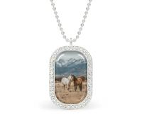 Two Horses Standing on The Grass Rectangle Pendant Necklace Silver Women Jewelry Alloy Keychain Tag Jewelry