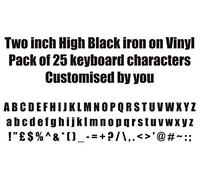 Two inch High Black iron on Vinyl. Pack of 25 keyboard characters made up of Letters, numbers or any other keyboard symbol
