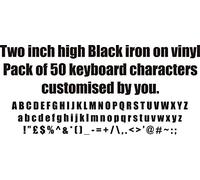 Two inch high Black iron on Vinyl. Pack of 50 keyboard characters made up of Letters, numbers or any other keyboard symbol