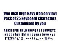 Two inch High Navy iron on Vinyl. Pack of 25 keyboard characters made up of Letters, numbers or any other keyboard symbol