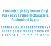 Two inch high Sky Blue iron on Vinyl. Pack of 25 keyboard characters made up of Letters, numbers or any other keyboard symbol
