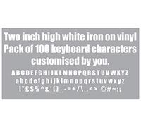 Two inch high White iron on Vinyl. Pack of 100 keyboard characters made up of Letters, numbers or any other keyboard symbol