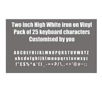 Two inch high White iron on Vinyl. Pack of 25 keyboard characters made up of Letters, numbers or any other keyboard symbol