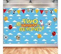 Two Infinity and Beyond Backdrop Banner | 5x3ft Cartoon Story Photography Background Photo Booth Props for Kids Boys Girls 2nd Happy Birthday Party Decoration Supplies