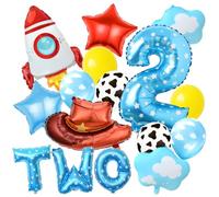Two Infinity and Beyond Birthday Decorations - 17 Pcs Cartoon Story Number 2 Balloons Star Rocket Cloud Cow Cowboy Hat Balloons for 2nd Birthday Decor Supplies