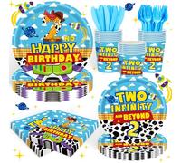 Two Infinity and Beyond Birthday Decorations,Toy Theme Party Supplies | Complete Toy Theme Party Tableware set for 20 guests with plates, cups, napkins and cutlery