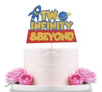 Two Infinity and Beyond Cake Topper Kids 2nd Birthday Cake Decor Cartoon Themed Out Space Two Second Birthday Party Decoration Supplies Blue Red Glitter