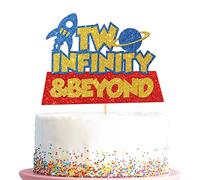 Two Infinity And Beyond Cake Topper, Outer Space Buzz Theme 2 Years Old Birthday Cake Picks for Boys Girls, Rocket Sign Galaxy Light Year Inspried Happy 2nd Birthday Party Supplies, Blue&Gold&Red
